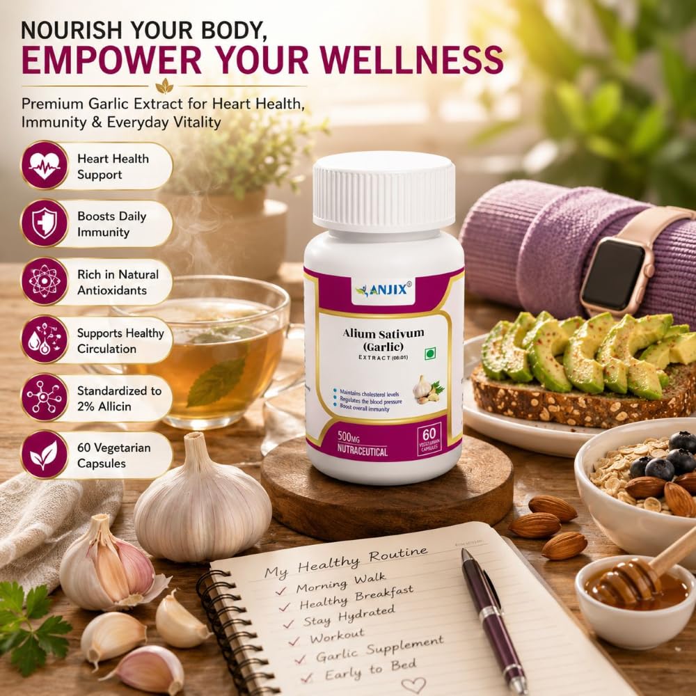 Anjix Garlic Extract, Allium sativum capsules, Supports immune health, 2% Allicin, 500 mg