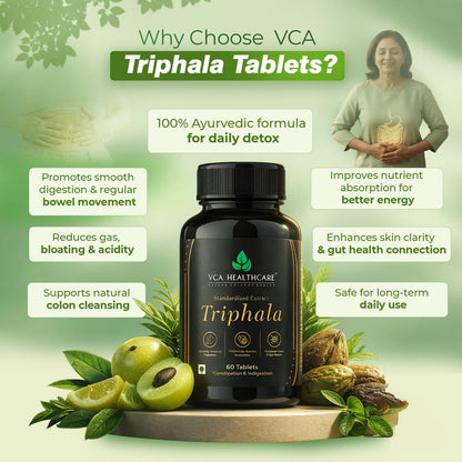 VCA Healthcare Triphala Extract Tablets | Ayurvedic Herbal Supplement for Digestive & Detox Support | Gut Health & Constipation Support | Natural Cleanse and Metabolism Support (Pack of 1)