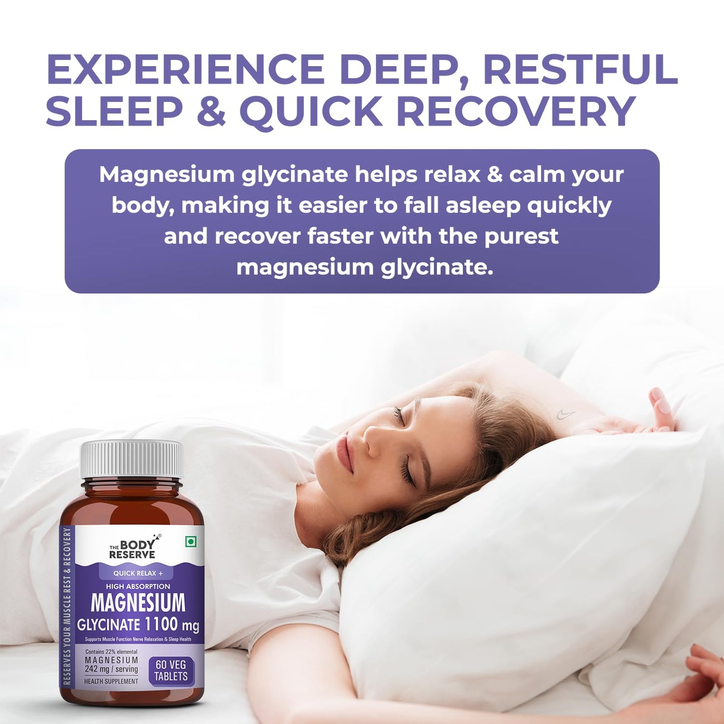 The Body Reserve Magnesium Glycinate Supplement - 60 Veg Tablets, 1100mg Per Serving, High Absorption Chelated Form - Muscle & Nerve Health, Relaxation for Men & Women