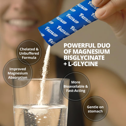 Fast&Up Magnimax - Triple Magnesium Bisglycinate, Citrate, Aspartate | L-Glycine, L-Theanine, Zinc | Power of 6-in-1 | Lime & Lemon Flavour – 15 stick packs in a Pouch