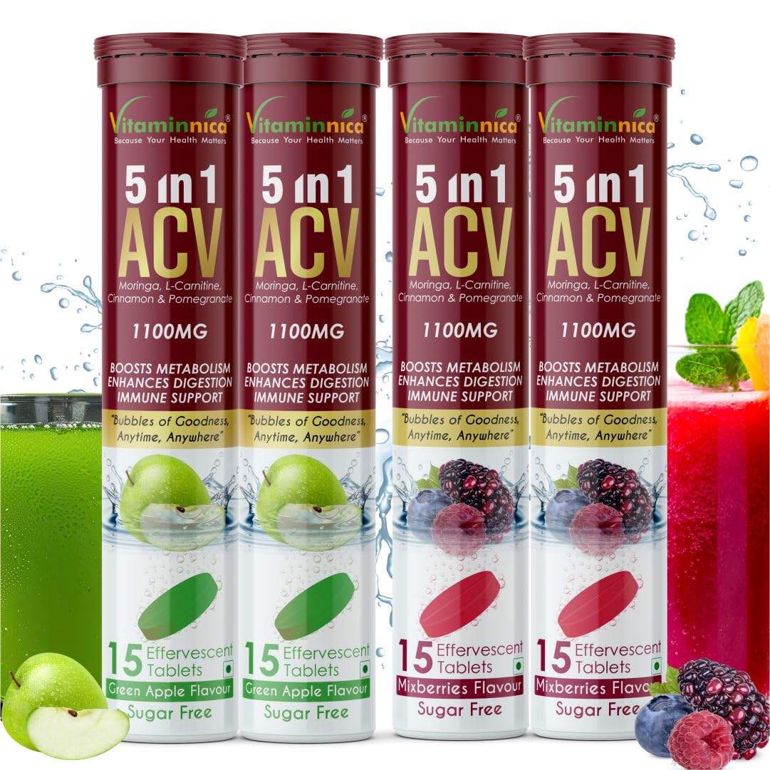 Vitaminnica ACV Moringa 5-in-1 Effervescent Tablets – Sugar-Free, Mixberry & Green Apple Flavor, 15 Tablets Each (Pack of 4)