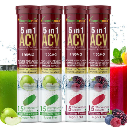 Vitaminnica ACV Moringa 5-in-1 Effervescent Tablets – Sugar-Free, Mixberry & Green Apple Flavor, 15 Tablets Each (Pack of 4)