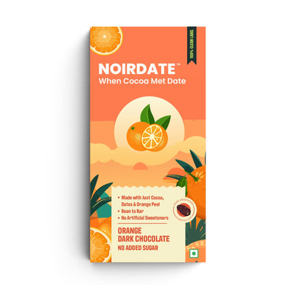NoirDate Orange Dark Chocolate - 75g, Bean to Bar, Sweetened with Dates, Refined Sugar Free, Clean Label, Healthy & Tasty Indulgence, Vegan, Gluten-Free, Antioxidant Rich (Pack of 1)