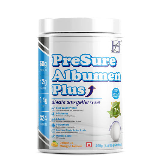PreSure Albumen Plus Supplement with Glutamine Whey Protein Powder for Athlete, Sports Person, Gymnast, Triathlon (400 g, Mango)