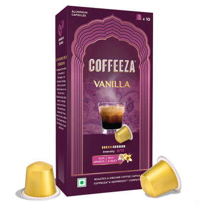 Coffeeza Vanilla Flavoured Coffee Capsules, Intensity - 6 | Aluminium Coffee Pods |100% Arabica | Box of 1 (10 Capsules)