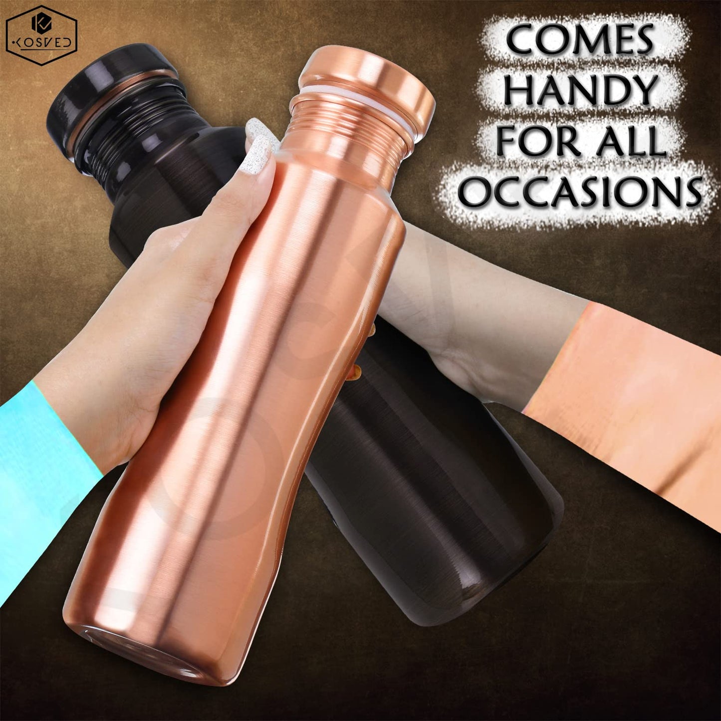 KOSVED Pure Copper Jasmine Antique Plain Water Bottle, 100% Copper, Leak-proof, For Everyday Use, (800ml / 27oz)