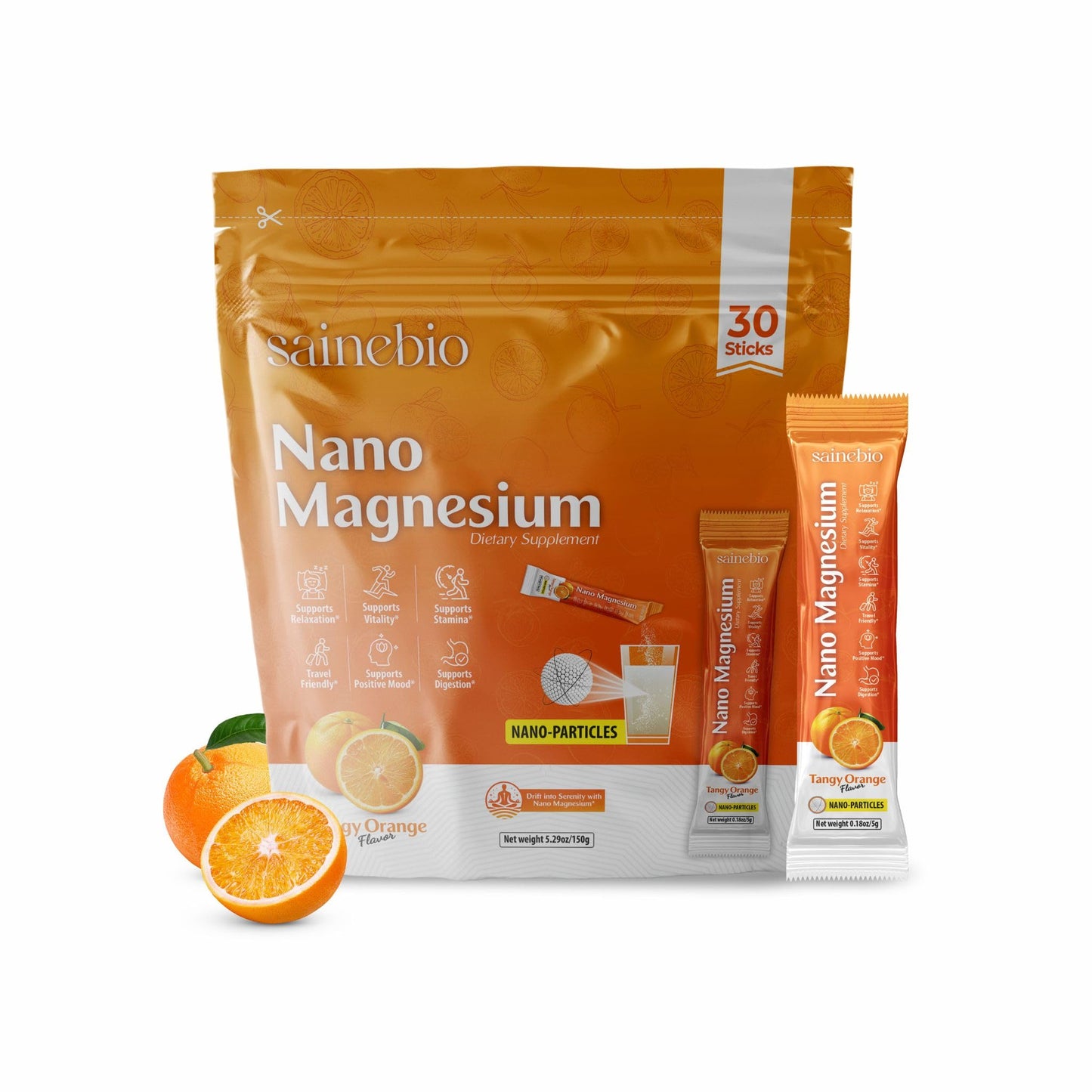Sainebio Nano Magnesium Powder – 30 Sachets | Tangy Orange Flavor | 300mg High-Absorption Magnesium Supplement | Supports Relaxation, Vitality, Stamina, Digestion & Hydration