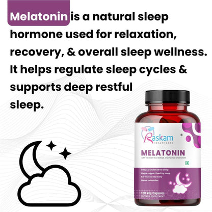 Raskam Healthcare Melatonin with Valerian Root, Chamomile & Vitamin B6 | Sleep Support Supplement | Capsules for Deep & Restful Sleep | Non-Habit Forming | 100 Veg Capsules