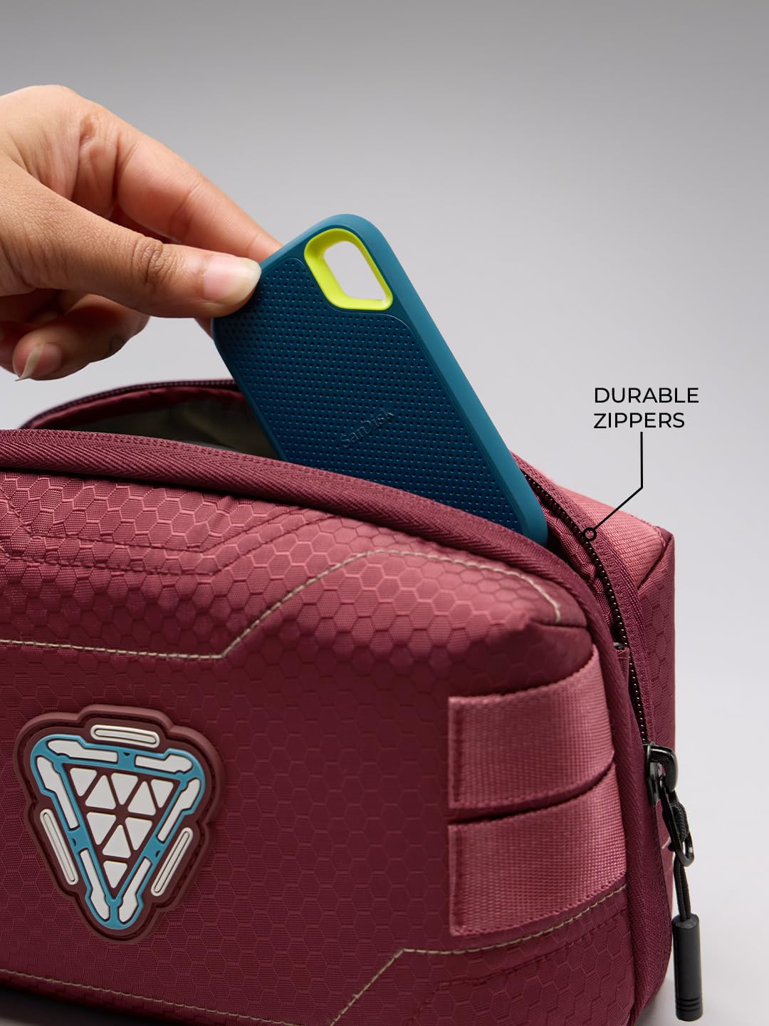 The Souled Store Iron Man: Stark Industries Tech Organizer – Maroon Water-Resistant Polyester Electronics Travel Pouch with 3D Arc Reactor Emblem for Chargers, Cables, and Gadgets
