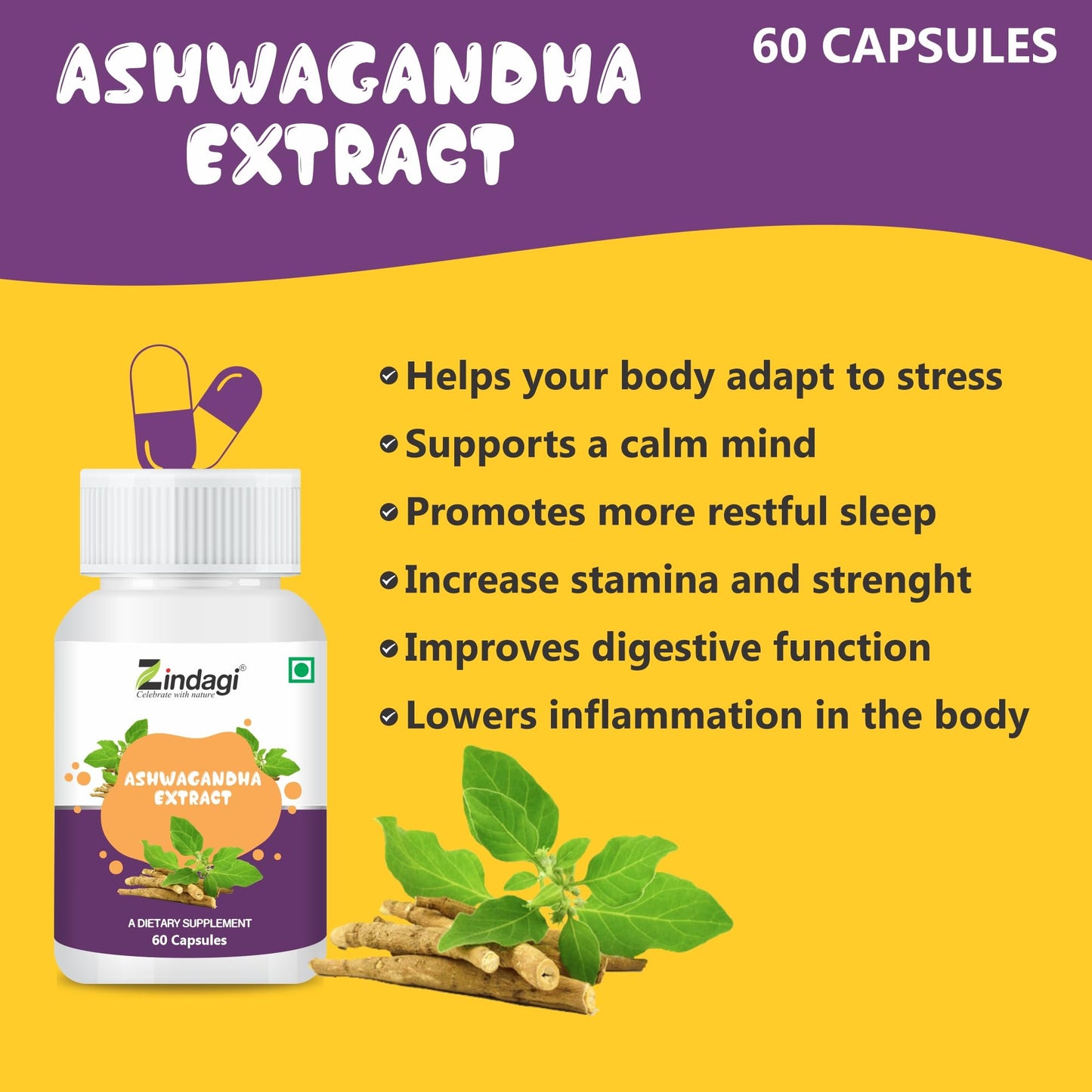 Zindagi Ashwagandha Capsules | Herbal Supplement| (Pack of 3))