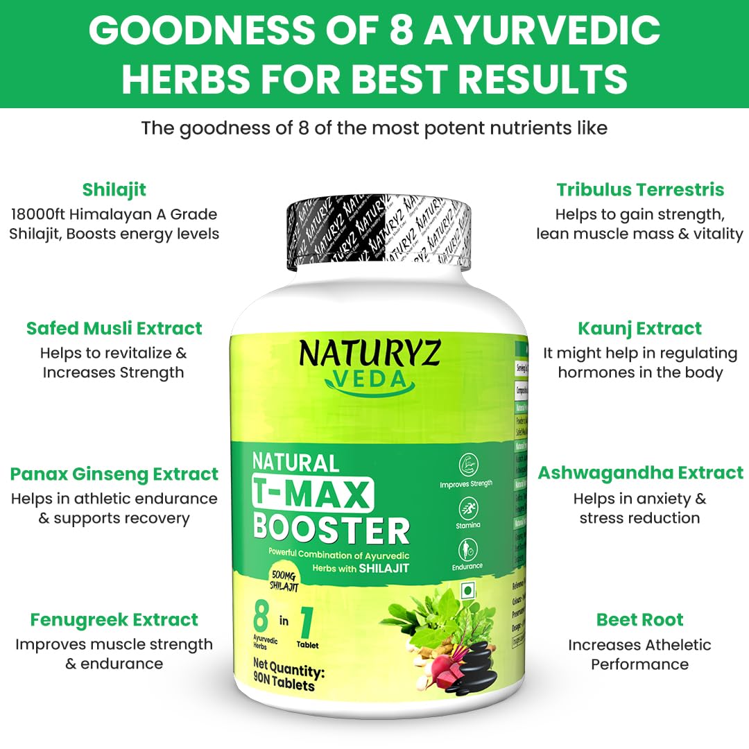 Naturyz VEDA Natural T-MAX Booster with 8 Ayurvedic Herbs | Highest Strength Shilajit | Safed Musli | Kaunch | Ashwagandha | Gokshura | Ginseng | High absorption | Original Shilajeet Improves Strength, Stamina, Endurance, Energy & Muscle Mass for Men & Wo