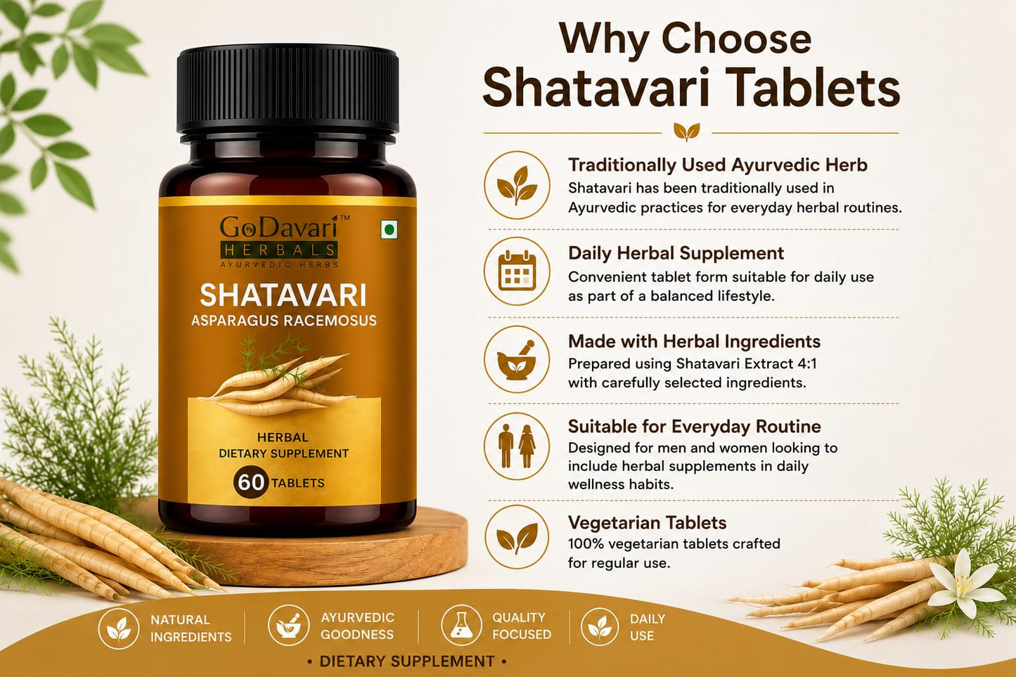 GoDavari Herbals Shatavari Asparagus Racemosus Tablets, 60 Tablets, 250mg, Healthy Women Dietary Supplement