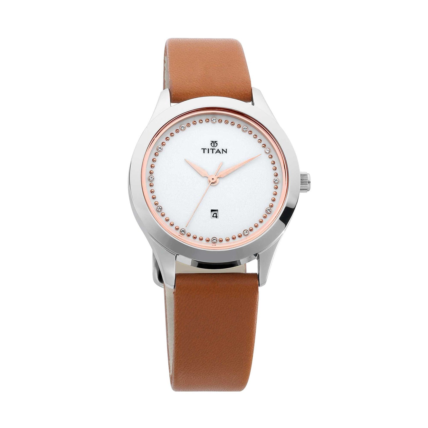 Titan Sparkle White Dial Analog Date Function Leather Watch For Women-NS2570SL02