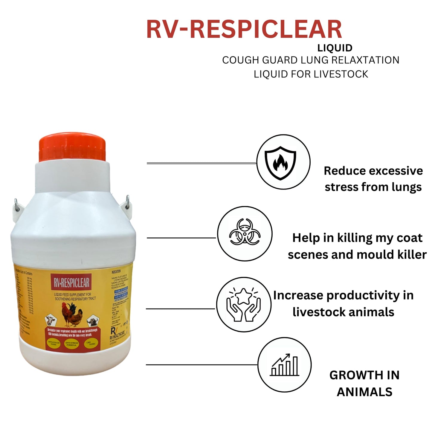 Veqtis helthcare Respiratory Herbs Poultry, Cow, Buffalo, Sheep, Goat, Calf, Chick, & Broiler Medicine Liquid Feed Supplement Syrup for Cough Cold and Easy Respiration RESPICLEAR (5 LTR)