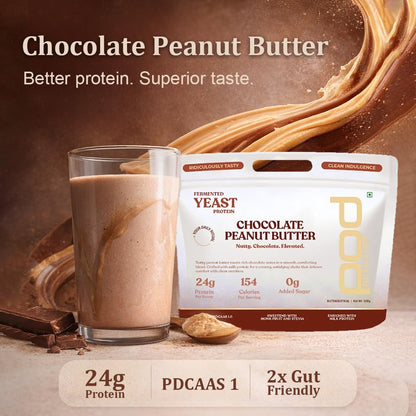 POD Nutrition Fermented Yeast Protein Blend | Chocolate Peanut Butter Flavor | 24g Protein, 0g Added Sugar, Gut-Friendly | Sweetened with Stevia & Monk Fruit | No Bloating, High Absorption | 500g