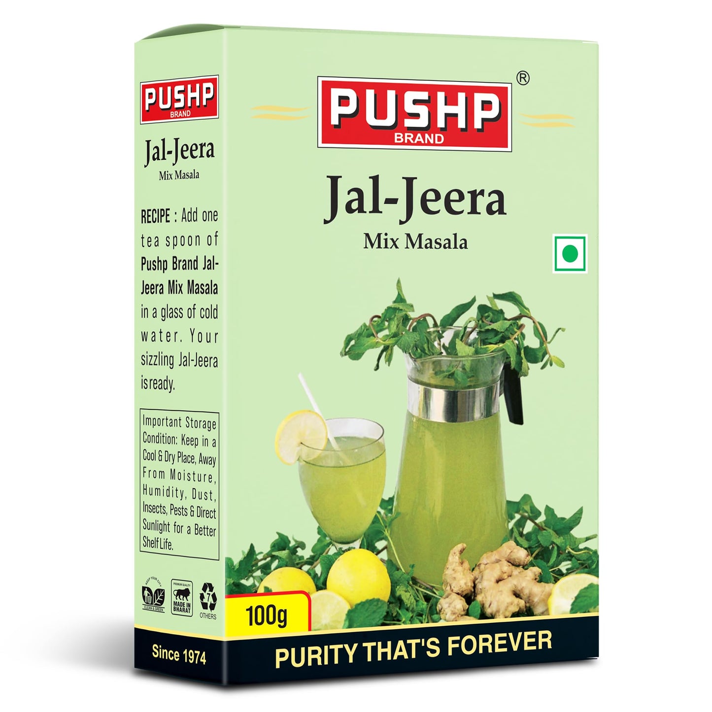 Pushp Brand Jal Jeera Powder (Masala) 100 g BOX | Pack of 1 | Instant Drink Mix Masala for Refreshing Summer Drink & Chat, Mint & Cumin Blend, No Artificial Colours | Hygienically Packed |