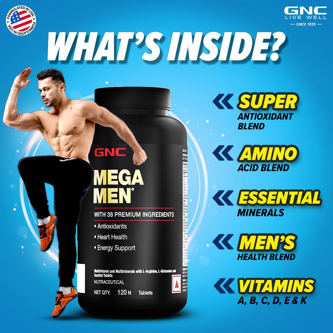 GNC Mega Men Multivitamin for Men | 120 Tablets | 38 Premium Ingredients | Strengthens Immune System | Promotes Prostate & Eye Care | Boosts Focus | Improves Overall Health | Formulated In USA