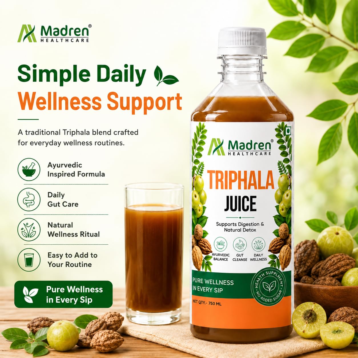 Madren Healthcare Ayurvedic Triphala Juice 750ml | Amla, Baheda & Haritaki Blend | Supports Digestion, Gut Health, Detox & Immunity | Zero Added Sugar | Natural Ayurvedic Herbal Juice | Vegetarian | For Men & Women