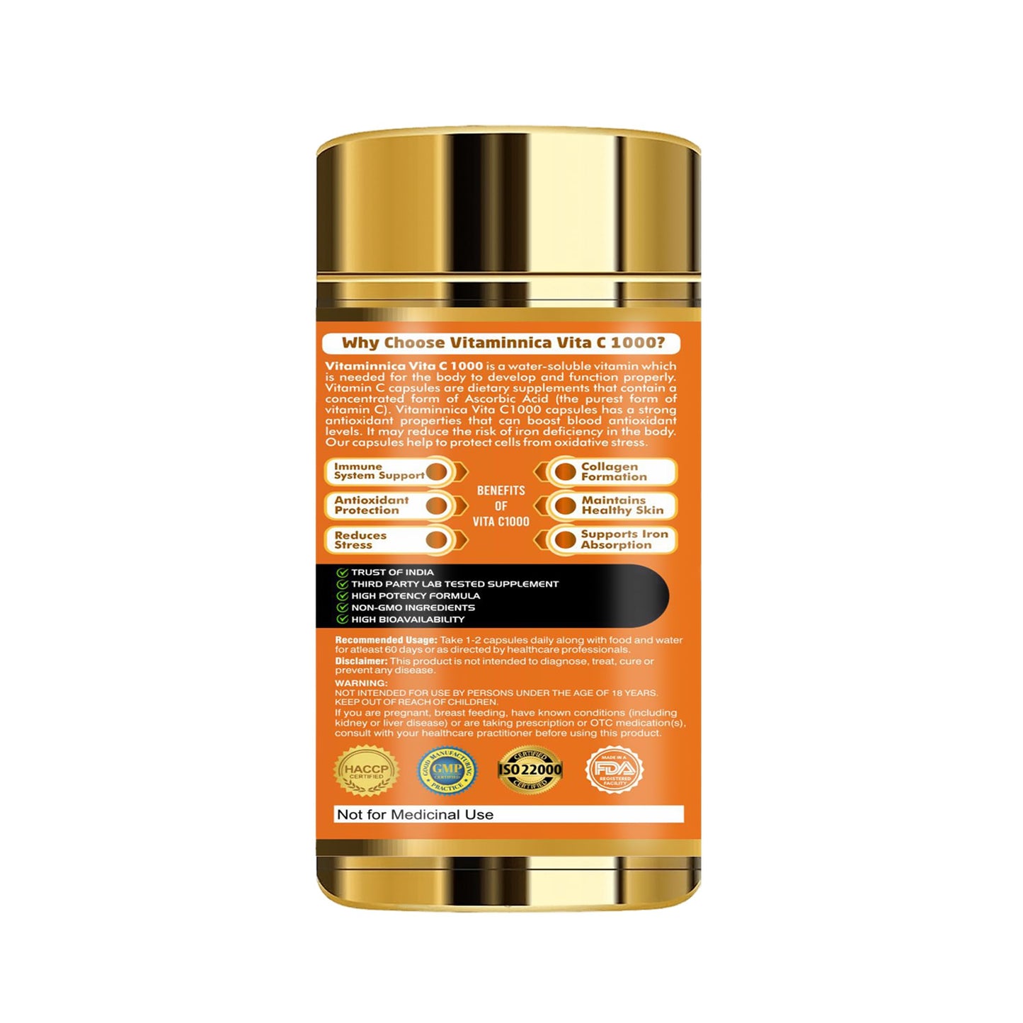 Vitaminnica Vitamin C 1000mg Capsules – Immune Support Supplement, Antioxidant Protection, Supports Skin & Overall Wellness, Vegetarian, Non-GMO, 60 Capsules