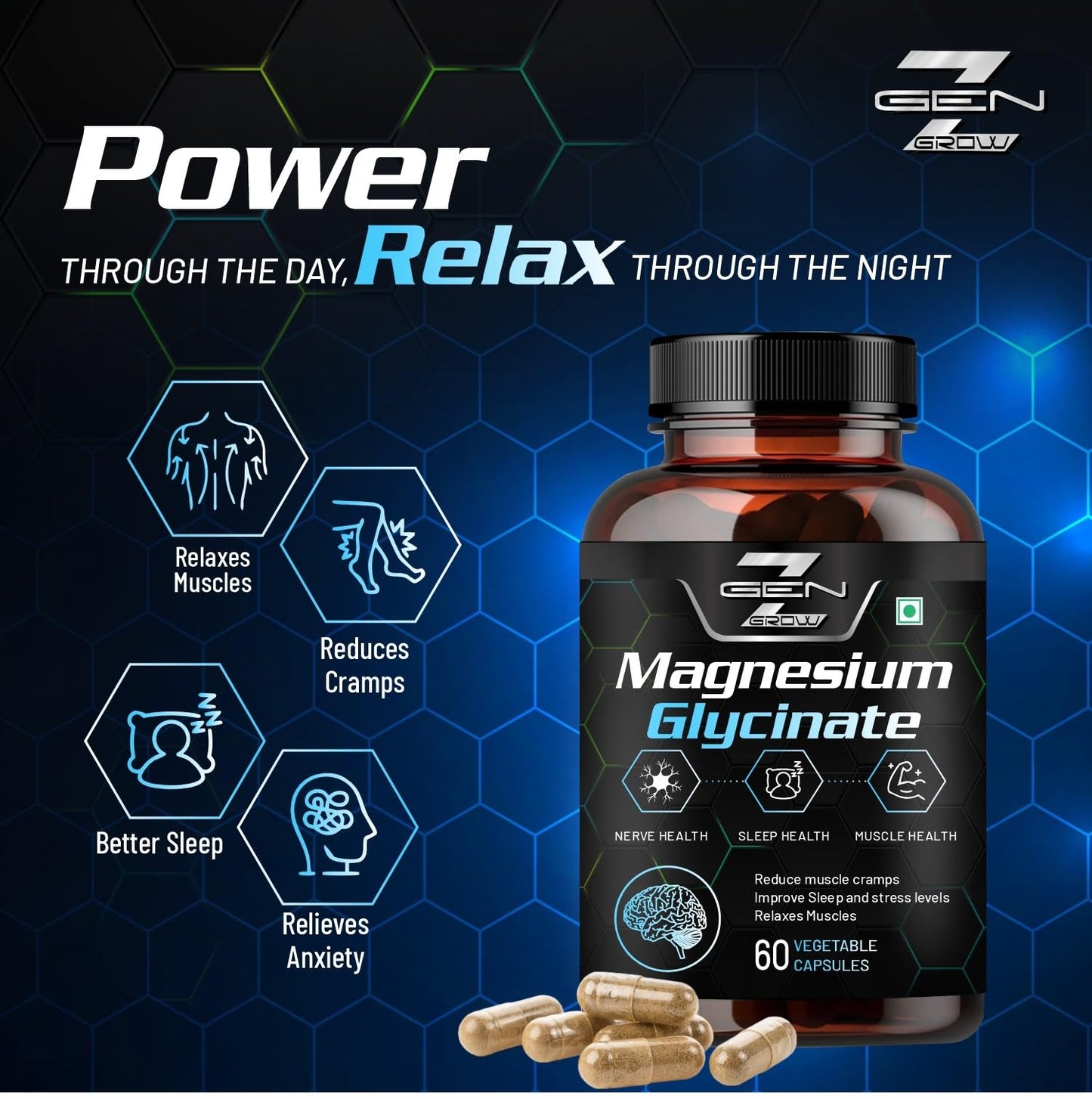 GenZ grow Magnesium Glycinate Double Strength Bisglycinate with Oxide High Absorption Formula Supports Muscle & Nerve Health 60 Veg Capsules (Pack 2)