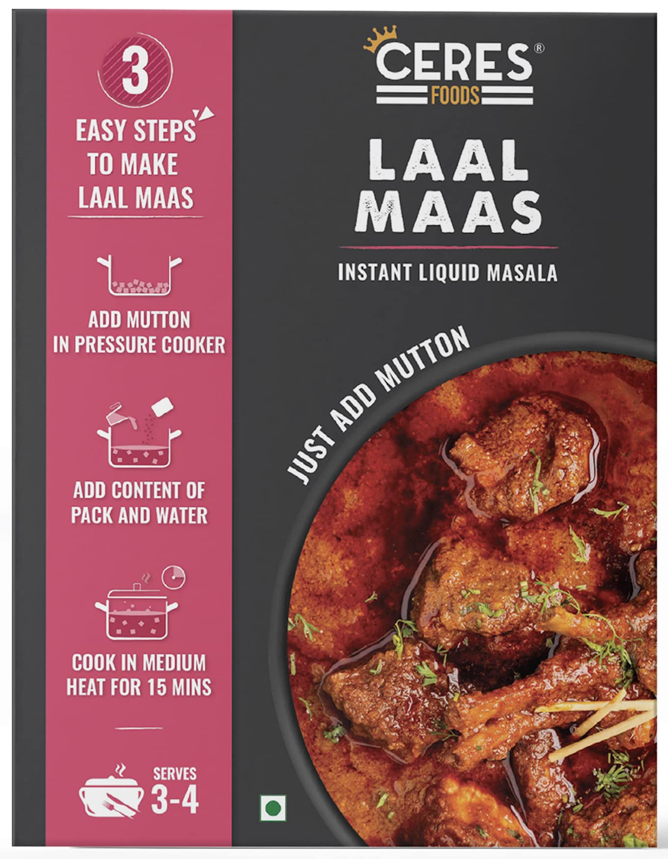 Ceres Foods Rajasthani Laal Maas Instant Liquid Masala | 3 steps Recipe | Laal Maas Gravy | Ready in 15 Mins | Serves 4 | No Preservatives | 200g | Just add Mutton