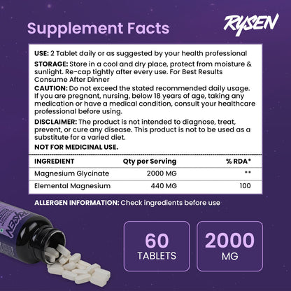 RYSEN Magnesium Glycinate 2000mg (60 Vegan Tablets) | 440mg Elemental Magnesium | High Absorption Chelated Supplement for Sleep, Stress Relief, Muscle Recovery & Calm Mind | Lab Tested For Men & Women