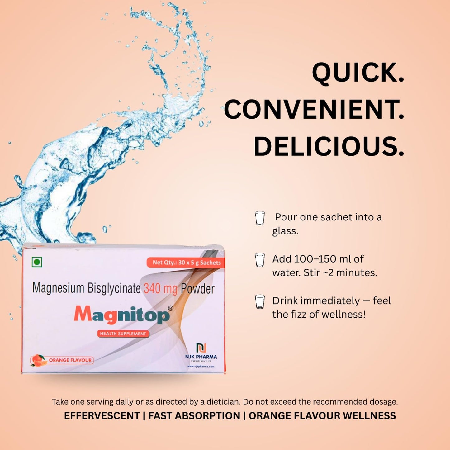 Magnitop Magnesium Health Supplement Bis-glycinate 340 mg Powder Pack of 30 Sachets Orange Flavour