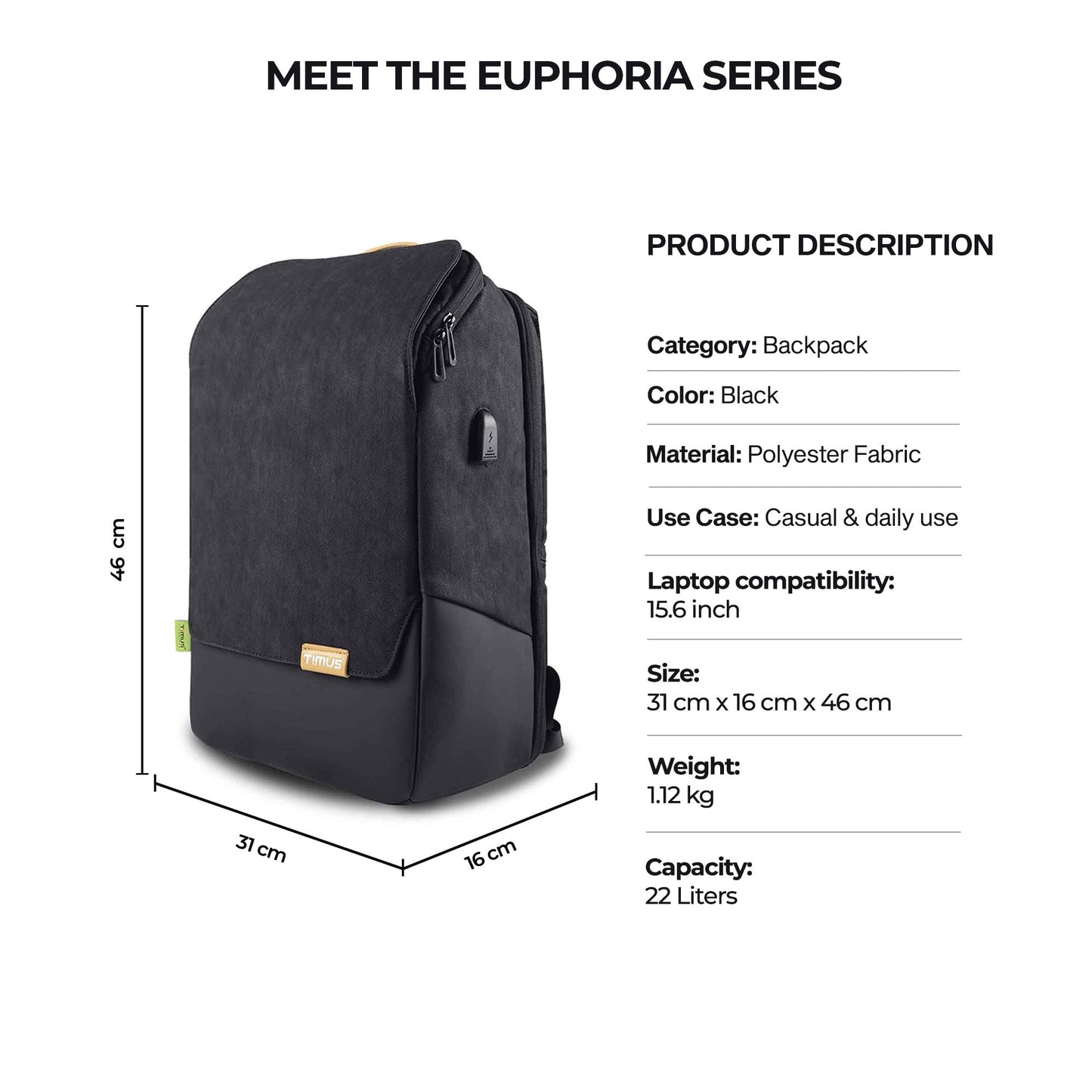 Timus Magnet Business Premium Backpack Waterproof fit 15.6 Inch Laptop Backpack with USB Charging Port | 22 Liters Travel Durable Backpack for Men and Women and Working Professional in Black Color