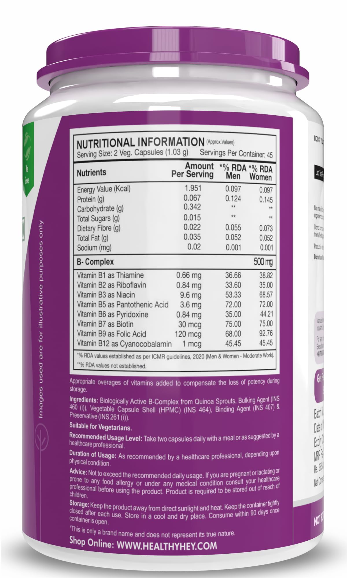 HealthyHey Nutrition Natural Vitamin B-Complex - from Quinoa Sprout - 90 Vegetable Capsules