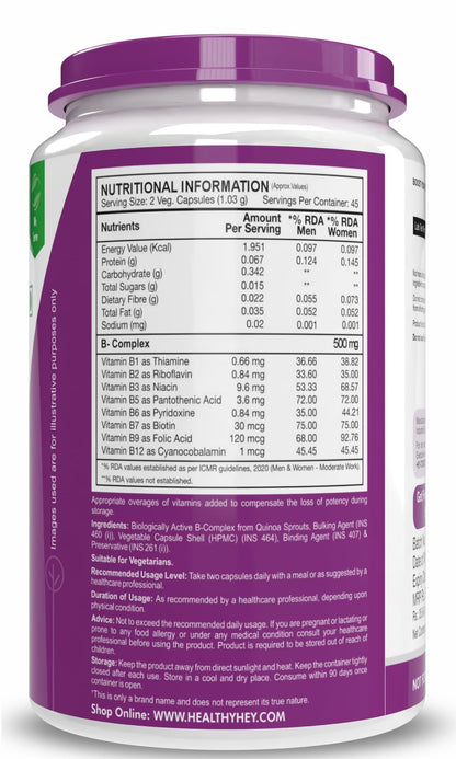 HealthyHey Nutrition Natural Vitamin B-Complex - from Quinoa Sprout - 90 Vegetable Capsules