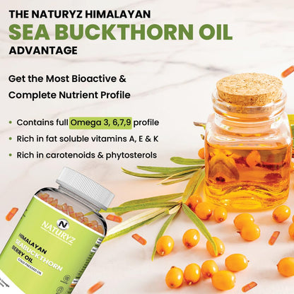 NATURYZ Himalayan Sea Buckthorn Berry Oil Triple Strength 1120mg | Liquid fill Technology for High Absorption & Bioavailability | Full Spectrum Cold-Pressed Vegetarian Omega 7 + Omega 3-6-9 | Skin Glow, Immunity & Gut Health Supplement | Gentler on Stomac