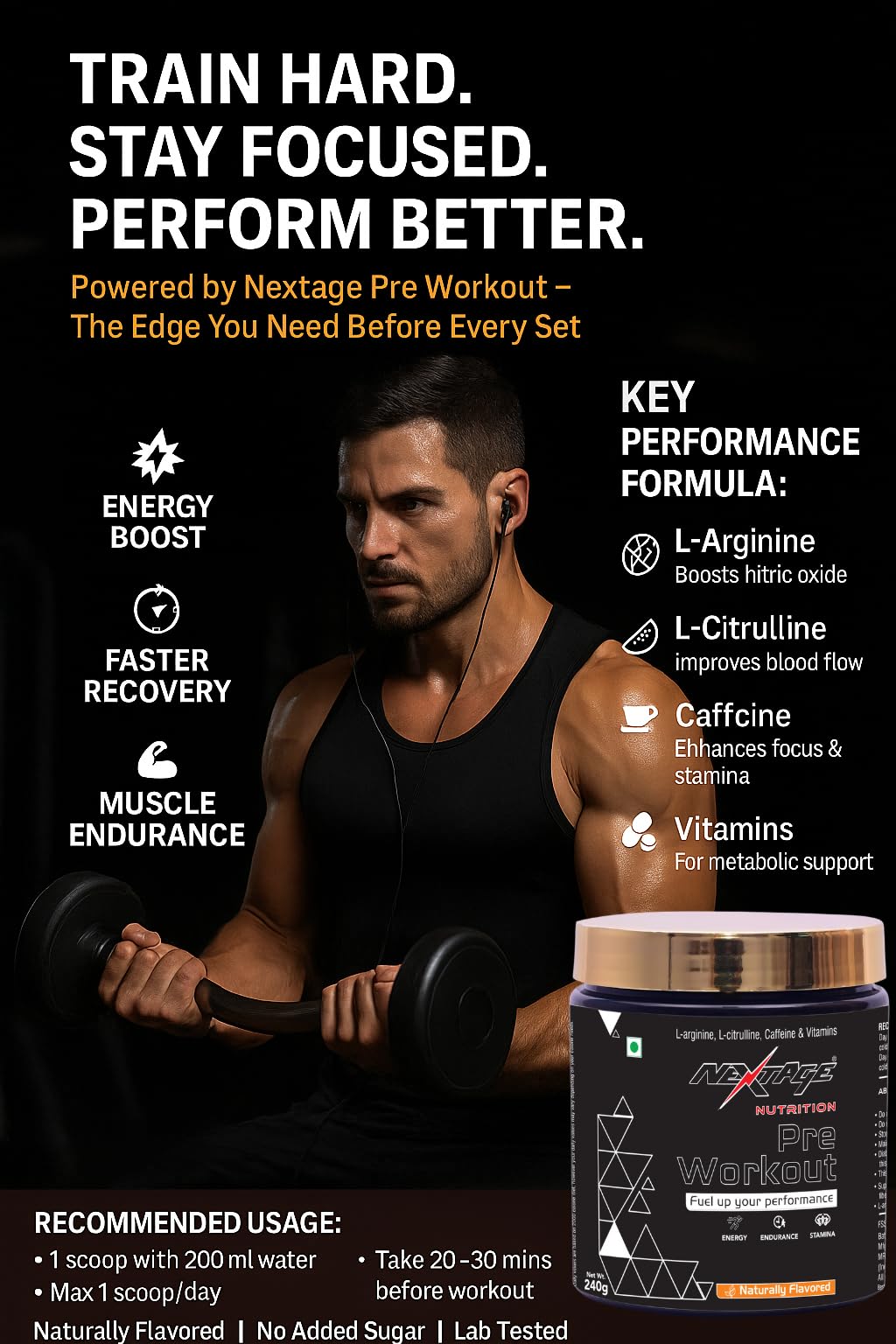 Nextage Nutrition Pre-Workout with L-Arginine, L-Citrulline, BCAA, Caffeine & Vitamins – Naturally Flavoured, 240g