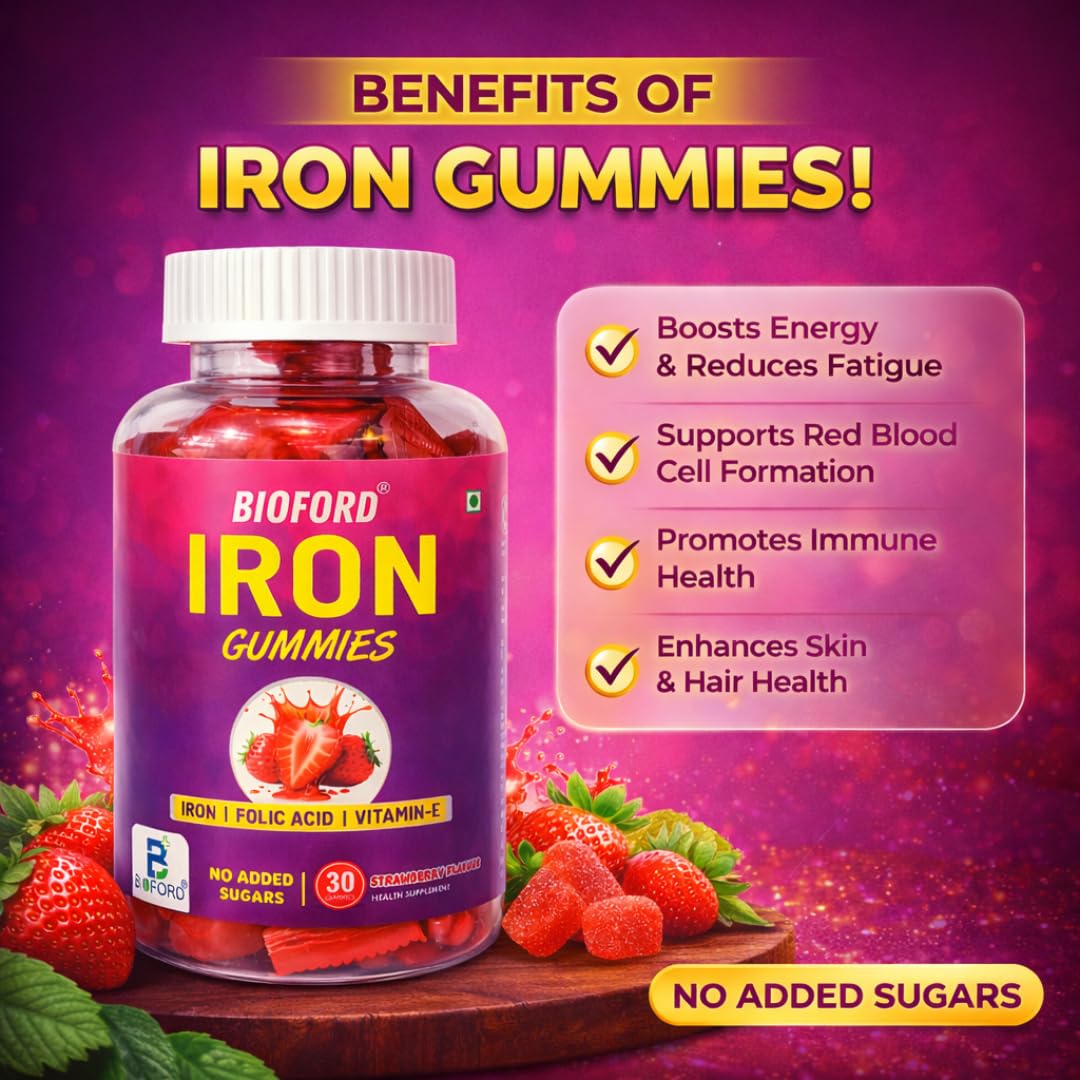 Bioford Iron Gummies With Folic Acid & Vitamin E | Strawberry Flavour | No Sugar Added | 90 Gummies | Supports Hemoglobin, Energy & Immunity
