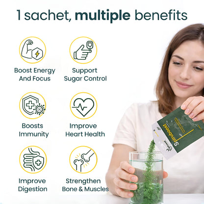 SpiruBoost Daily Energy & Immunity Drink | Herbal Supplement | Orange Flavored | Sugar-Free | Plant-Based | Protein + Electrolytes | 5g Sachet (pack of 1)