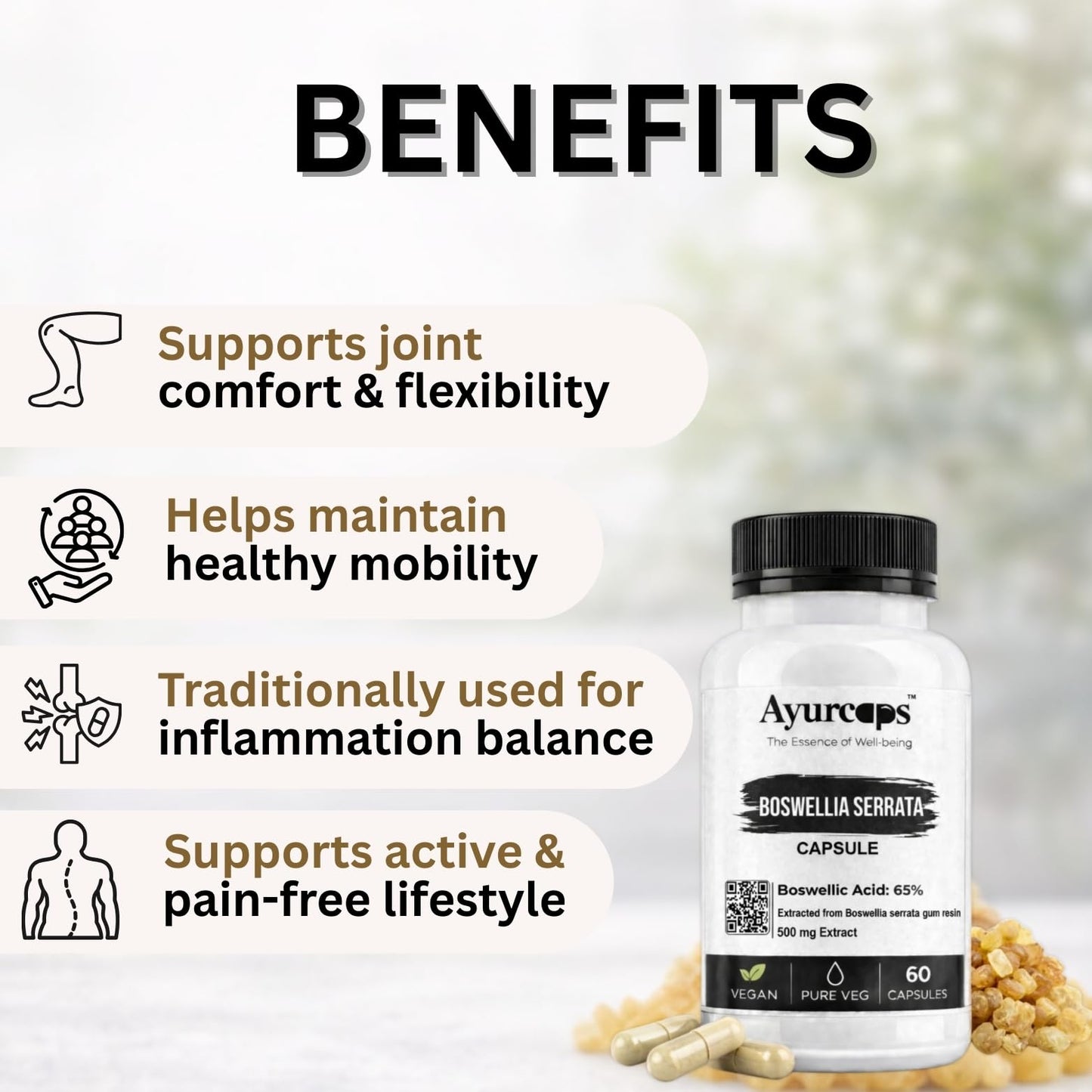 Ayurcaps Boswellia Serrata 500mg Capsules | 60 Veg Capsules | Ayurvedic Herbal Supplement For Joint Support And Flexibility | Plant Based Extract For Men And Women