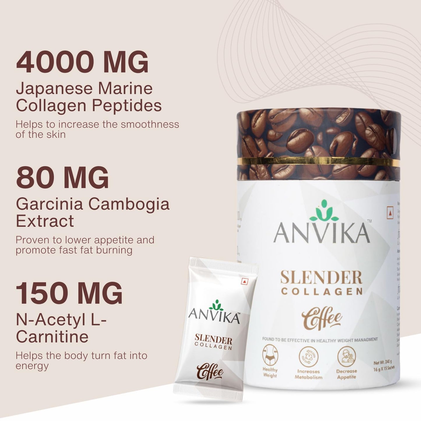 Anvika Slender Collagen Coffee with Marine Collagen Peptides, Garcinia Cambogia & L-Carnitine | Supports Weight Management, Boost Metabolism | Real Coffee Flavor | 150g