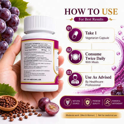 ANJIX Grapes Seed Extract 500mg Capsules, Antioxidant Supplement, Promote Healthy Hair And Skin And Good Health, Healthy Cholesterol Level, Boost Immunity, 60 Veg capsules