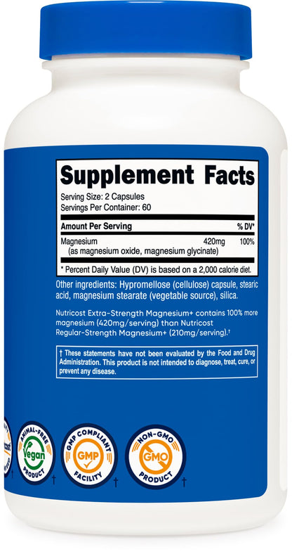 Nutricost Magnesium Glycinate 420mg, 120 Capsules - 60 Servings, Non-GMO, Gluten Free, Vegetarian Friendly