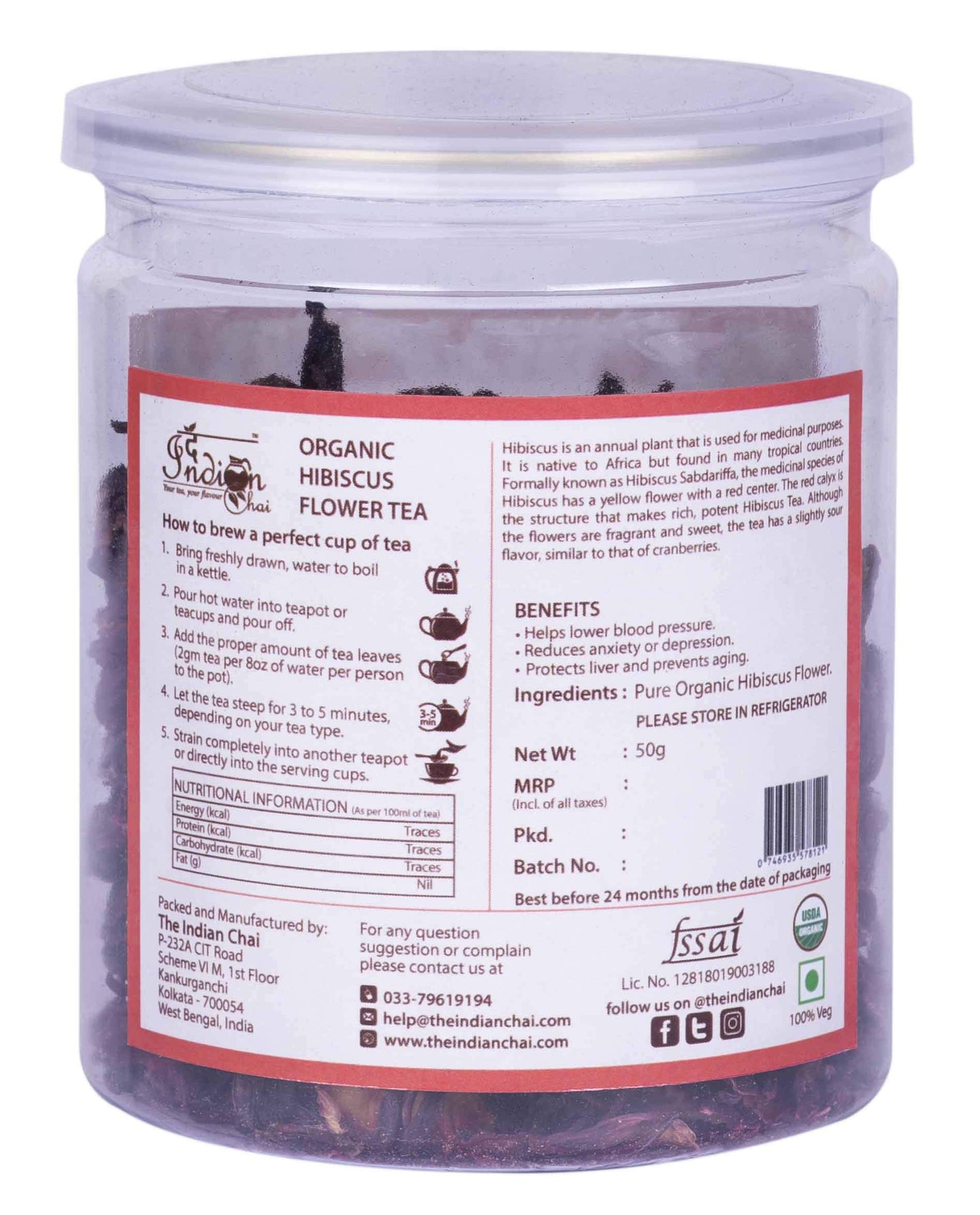 The Indian Chai - Organic Hibiscus Flower Tea 50g | Hibiscus sabdariffa/Gudhal Phool | Caffeine-Free Herbal Tisane | Rich in Vitamin C & Antioxidants | May Support Heart, BP & Skin Wellness