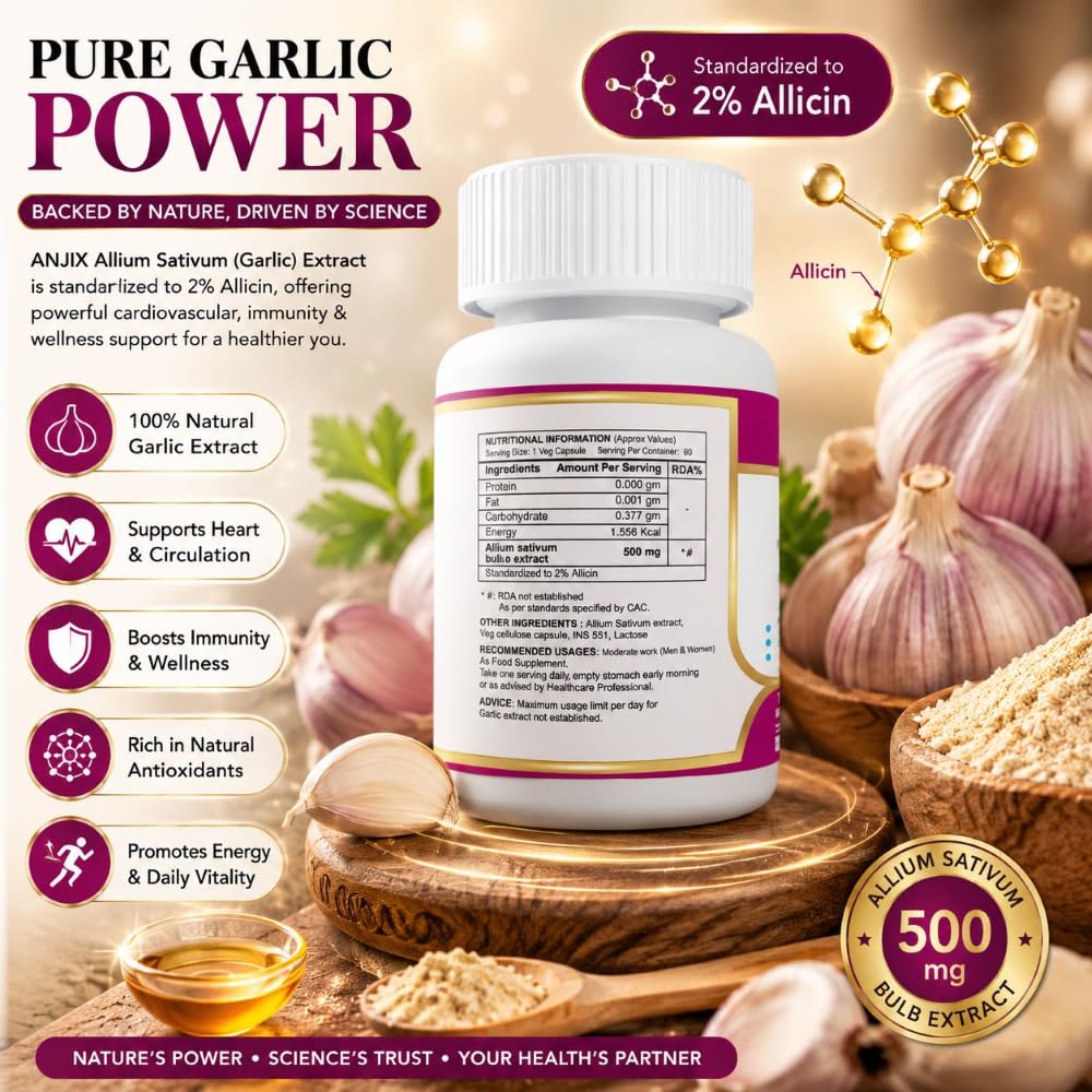 Anjix Garlic Extract, Allium sativum capsules, Supports immune health, 2% Allicin, 500 mg