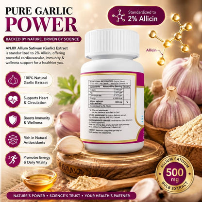 Anjix Garlic Extract, Allium sativum capsules, Supports immune health, 2% Allicin, 500 mg