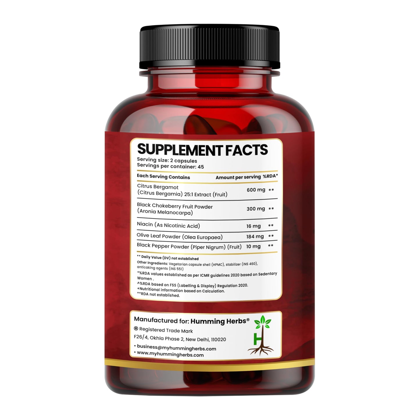 Humming Herbs Citrus Bergamot Capsules 15500mg | Supports Healthy Cholesterol & Heart Function | Enriched with Black Chokeberry, Olive Leaf & Black Pepper | 90 Veg Capsules