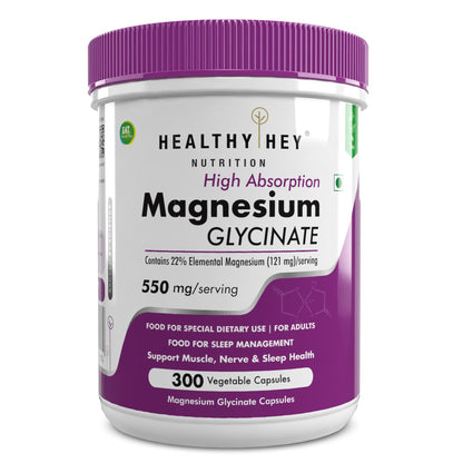 HealthyHey Nutrition Magnesium Glycinate High Absorption for Sleep, Cramps, & Nerves Health -300 Vegetable Capsules