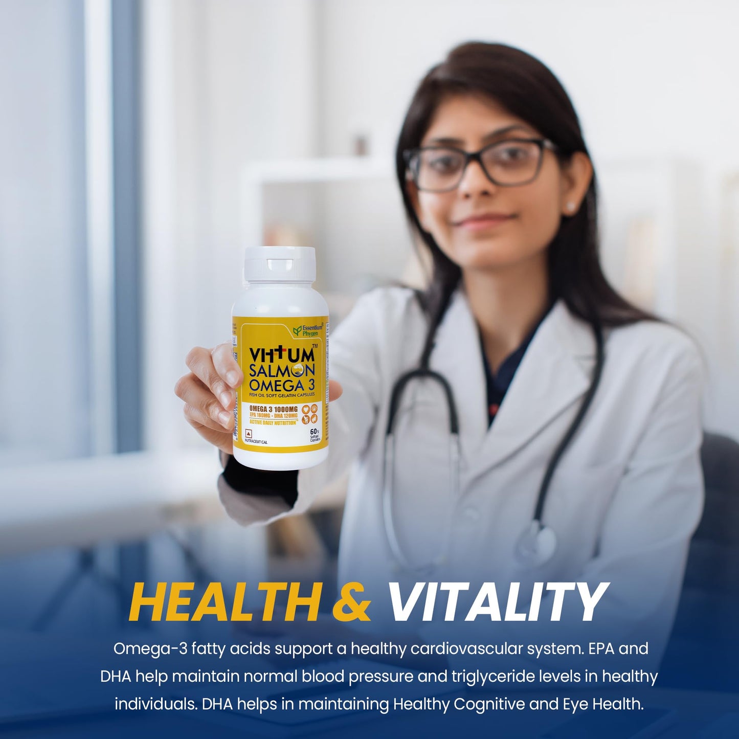 Essentium Phygen Vittum Omega-3 Salmon Fish Oil 1000mg, 60 Softgel Capsules, No Smell, EPA & DHA Supplement for Heart, Brain, and Eye Health