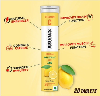 Bigflex Vitamin-C 1000mg Natural Amla Extract + 10mg Zinc | Antioxidants Support | Natural Immunity Booster | Skin Care | Zero Sugar - Pack of 1 (20 Fizzy) Effervescent Tablets - Lemon flavour