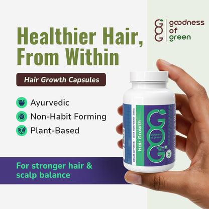 Goodness of Green Hair Growth Supplement, Reduces Hair Fall, Boosts Growth & Strengthens Roots, Herbal Capsules with Amla, Tulsi & Black Pepper, 100% Natural, Plant-Based, Vegan, 30 Capsules