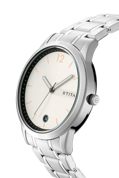 Titan Quartz Analog with Date White Dial Stainless Steel Strap Watch for Men-NP1806SM01