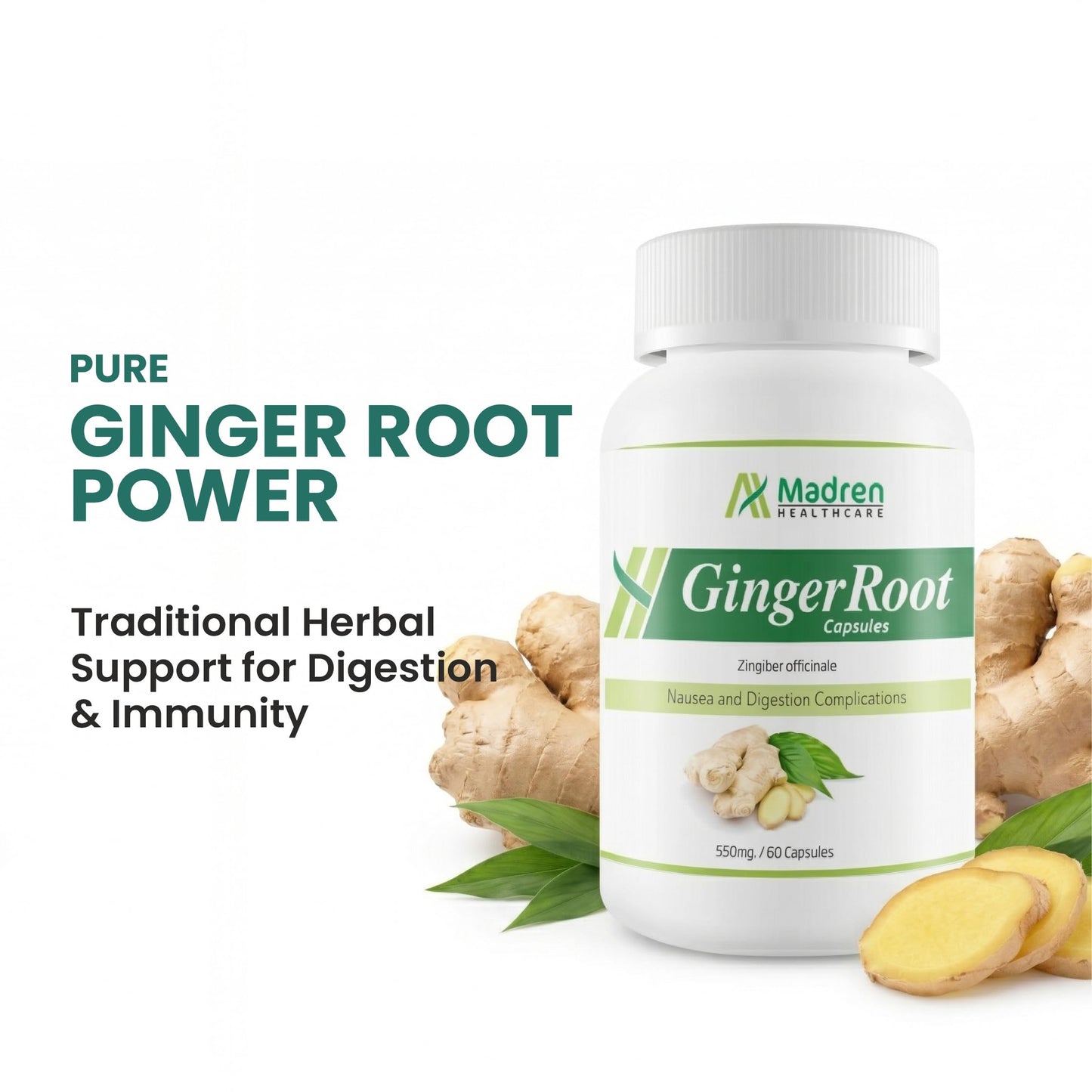 Madren Healthcare Ginger Root Extract 550mg Capsules with 5% Gingerols | Herbal Digestive Wellness Supplement | Supports Daily Wellness & Gut Comfort | Vegan | Non-GMO | 60 Veg Capsules (Pack of 3)