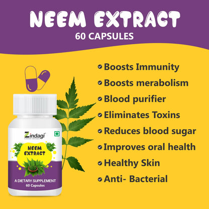 Zindagi 100% Pure Neem Extract Capsules - Dietary Supplement - Anti Bacterial Properties 60 Capsules (Pack of 3)