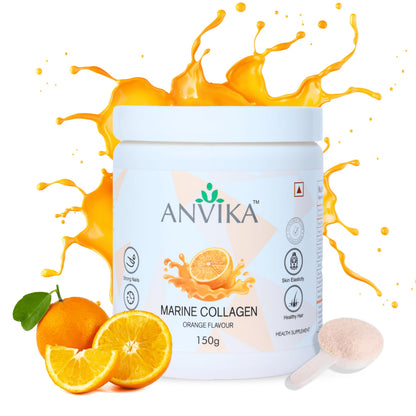 Anvika Marine Collagen Peptides Supplement for Skin, Hair, Nails. Bone & Joint | Clinically Proven | Hydrolyzed Marine Collagen Peptides | Collagen Supplements for Women & Men, Orange Flavour, 150 gms